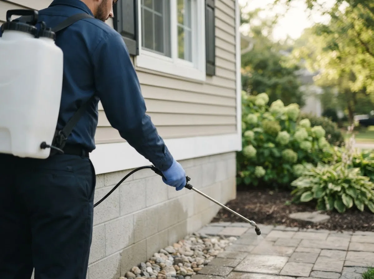 Pest control technician inspecting a home in Morris, NY